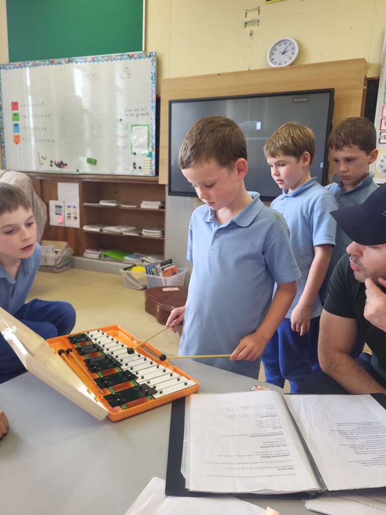 1st and 2nd class are really enjoying their music lessons with James. They have had so much fun trying out different instruments including a glockenspiel and a bodhrán.